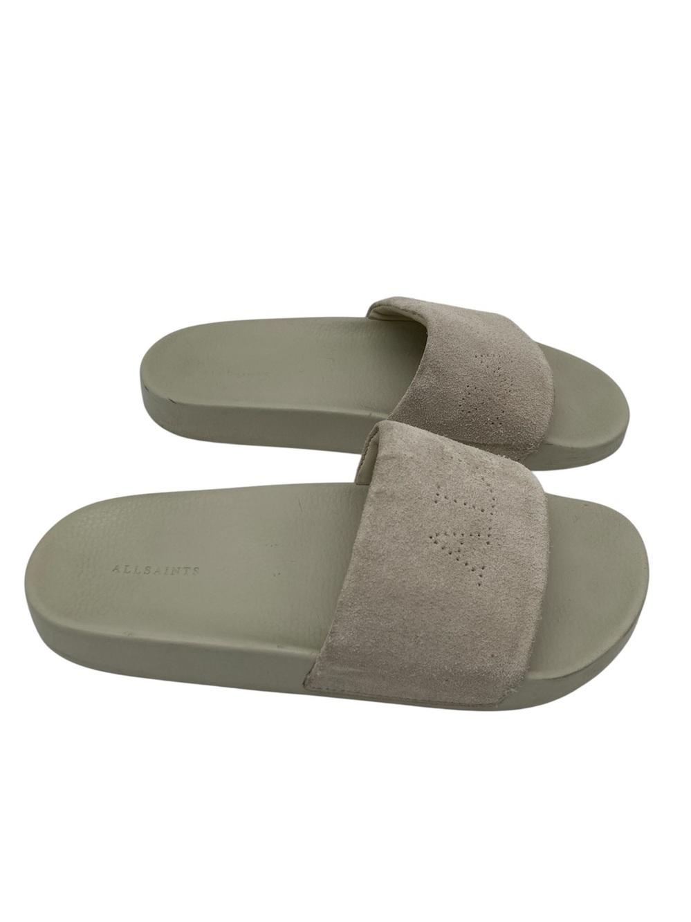 All Saints Karli Perforated Logo Suede Slides Sandals